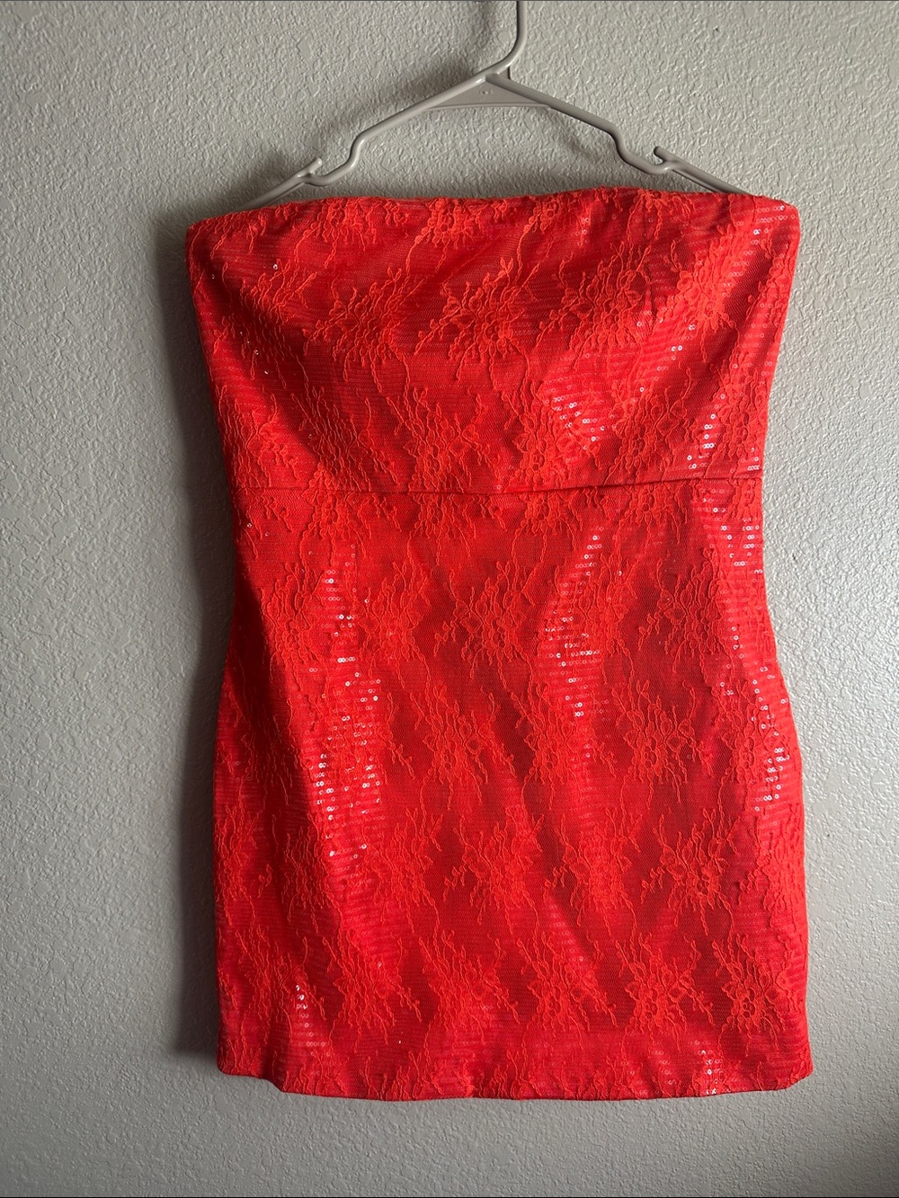 The Vintage Shop Strapless Sunset Orange/Red Lace Mini Dress